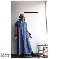 【群青色】Luminaes　遠州灘リネン Vネックマキシワンピース【裾上げ対応】