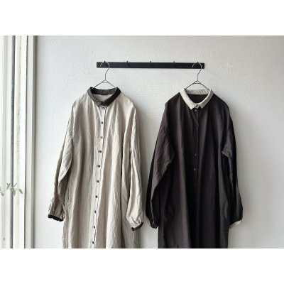 画像9: Luminaes ベルギーリネンキャンバス チビ襟バイカラーギャザーOP