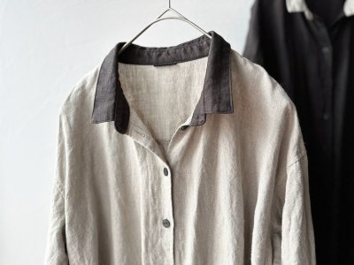 画像13: Luminaes ベルギーリネンキャンバス チビ襟バイカラーギャザーOP