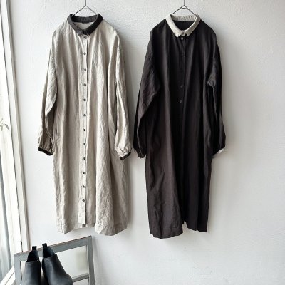 画像8: Luminaes ベルギーリネンキャンバス チビ襟バイカラーギャザーOP