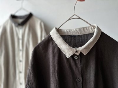 画像14: Luminaes ベルギーリネンキャンバス チビ襟バイカラーギャザーOP