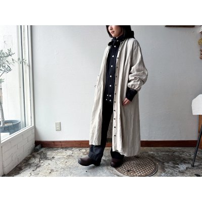 画像3: Luminaes ベルギーリネンキャンバス チビ襟バイカラーギャザーOP