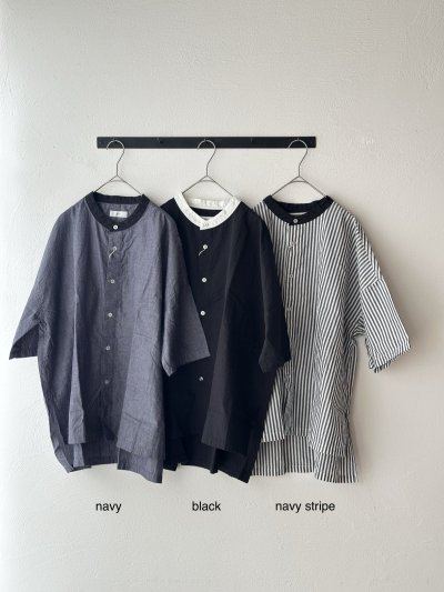 画像2: prit 50/1綿麻ブロード ５分袖スタンドカラークレリックワイドシャツ