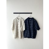 prit 30/1綿麻ウィンドウペンチェック ５分袖スタンドカラーワイドシャツ