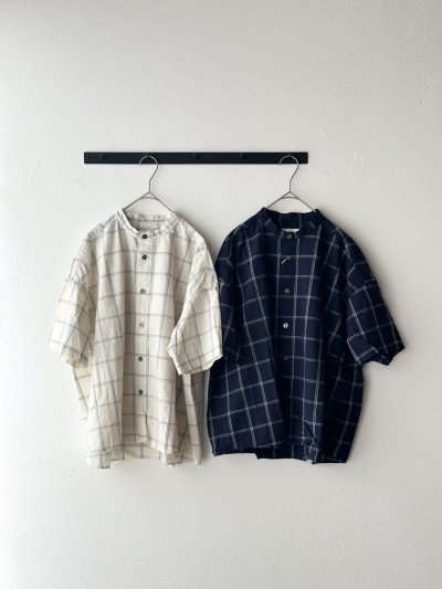 画像1: prit 30/1綿麻ウィンドウペンチェック ５分袖スタンドカラーワイドシャツ