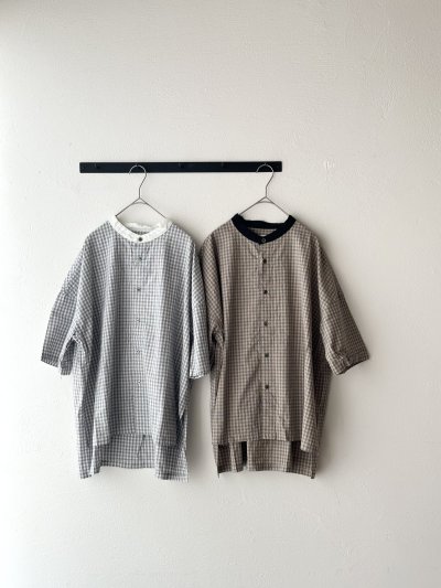 画像1: prit ポプリンワッシャーチェック ５分袖スタンドカラークレリックワイドシャツ