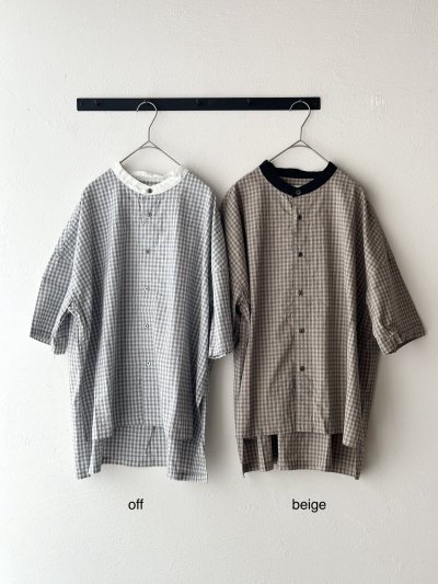 画像2: prit ポプリンワッシャーチェック ５分袖スタンドカラークレリックワイドシャツ