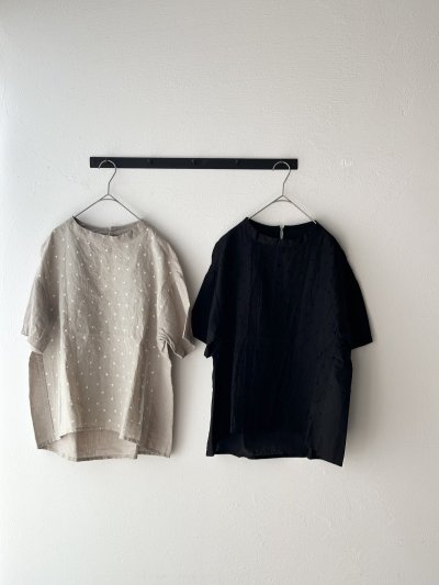 画像1: prit 60/1リネントライアングル刺繍 × 60/1リネン切替スタンドカラーAラインプルオーバー