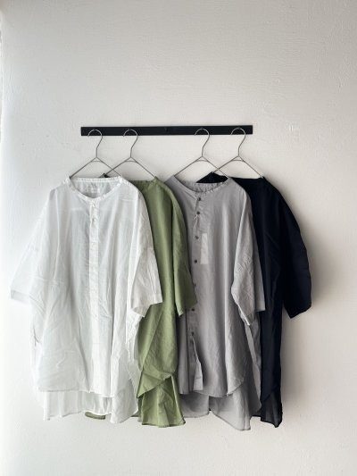 画像1: prit 80/1ローン ５分袖バンドカラーラウンドヘムワイドシャツ