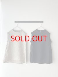 *sale50%off* prit 60/1リネントライアングル刺繍 × 60/1リネン切替ノースリーブスタンドカラーフレアプルオーバー