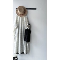 prit 30/1綿麻ウィンドウペンチェック ５分袖Vネックワンピース