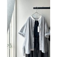 *sale30%off* prit ポプリンワッシャーチェック ５分袖スタンドカラークレリックワイドシャツ