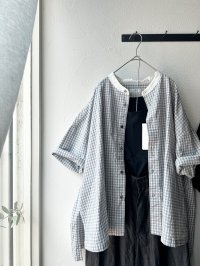 *sale30%off* prit ポプリンワッシャーチェック ５分袖スタンドカラークレリックワイドシャツ