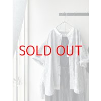 *sale30%off* prit ポプリンワッシャーチェック ５分袖スタンドカラークレリックワイドシャツ【クリックポスト（185円）発送可能】