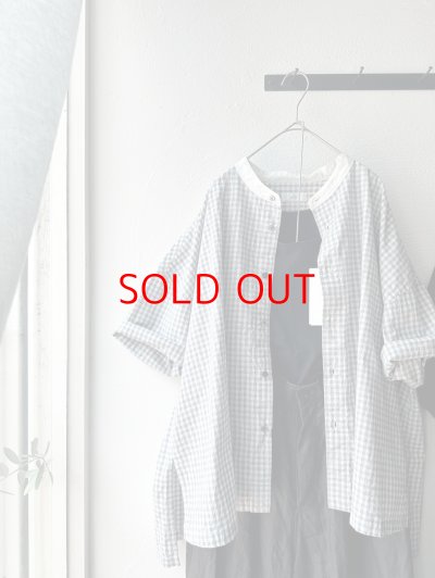 画像1: *sale30%off* prit ポプリンワッシャーチェック ５分袖スタンドカラークレリックワイドシャツ【クリックポスト（185円）発送可能】