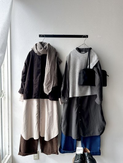 画像1: RINEN 40/1ライトモールスキン スタンドカラーワンピース