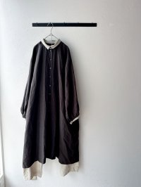 Luminaes ベルギーリネンキャンバス チビ襟バイカラーギャザーOP