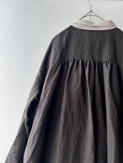 画像5: Luminaes ベルギーリネンキャンバス チビ襟バイカラーギャザーOP