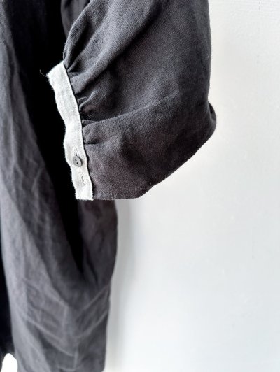 画像3: Luminaes ベルギーリネンキャンバス チビ襟バイカラーギャザーOP