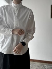 nouvelles du paradis ストライプクロス&アメリカンブロードクロス フリルブラウス【クリックポスト（185円）発送可能】