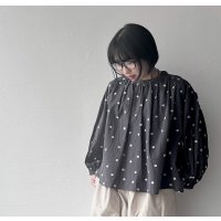 nouvelles du paradis ドットカットジャガード 袖口レースギャザーブラウス