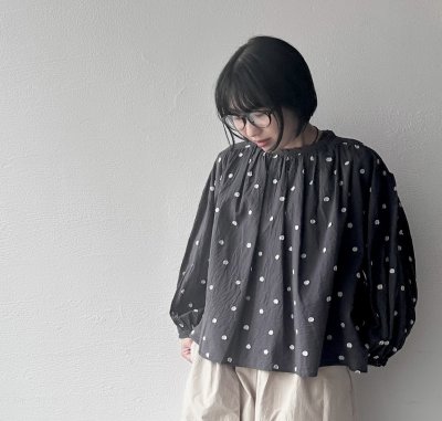画像1: nouvelles du paradis ドットカットジャガード 袖口レースギャザーブラウス