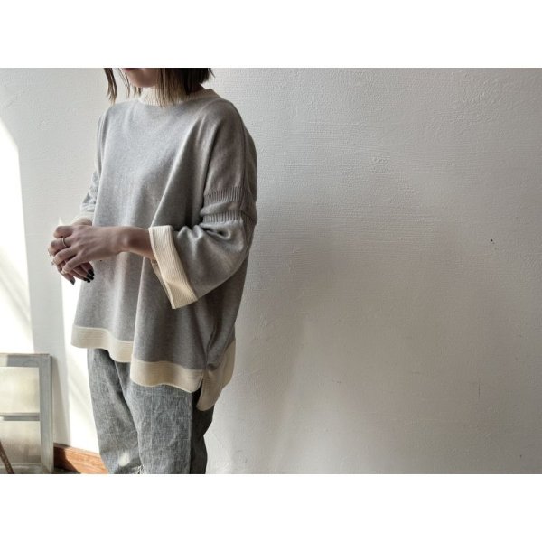 画像1: NARU ライスニット 綿コーマ裾配色 ７分袖ニット (1)