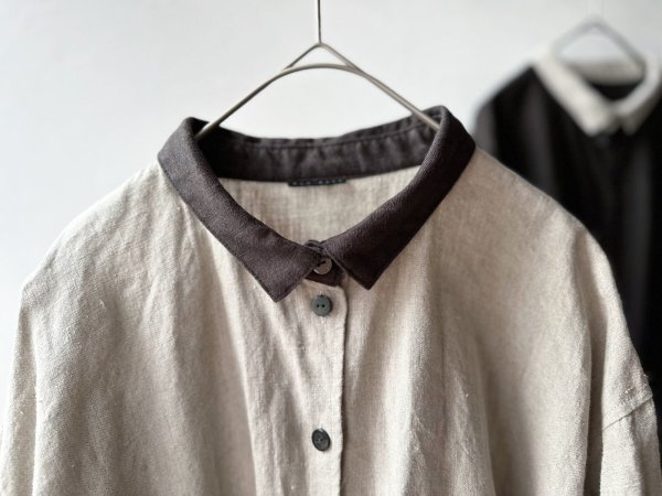 画像12: Luminaes ベルギーリネンキャンバス チビ襟バイカラーギャザーOP (12)