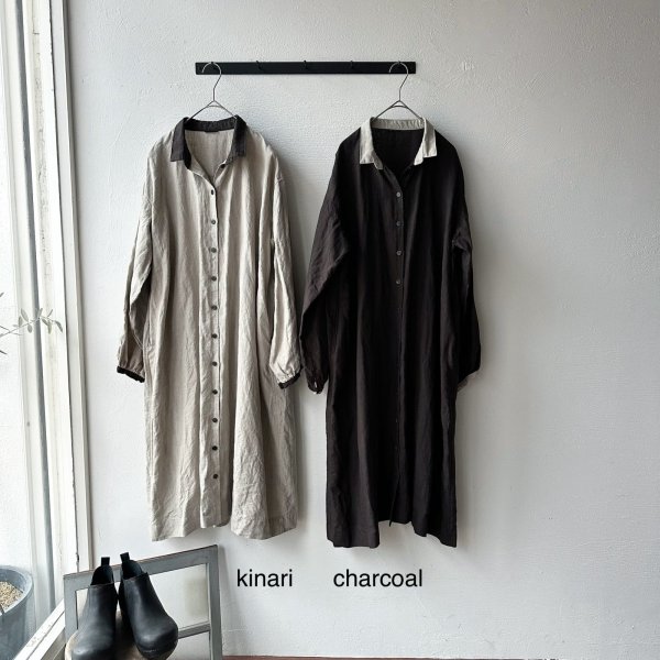 画像17: Luminaes ベルギーリネンキャンバス チビ襟バイカラーギャザーOP (17)