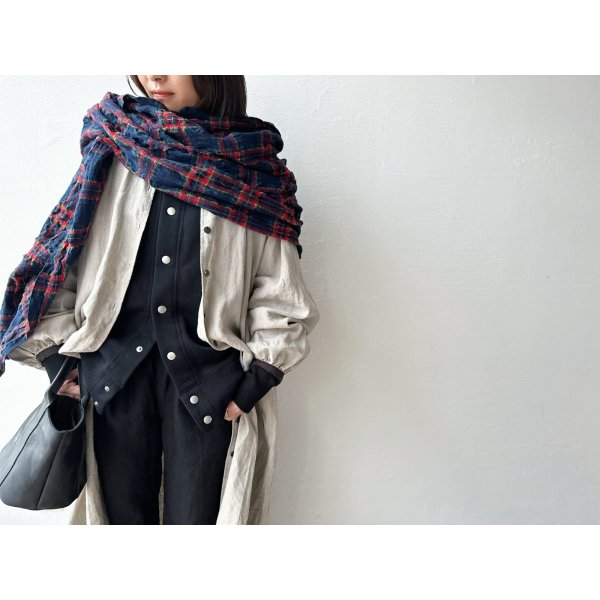 画像2: Luminaes ベルギーリネンキャンバス チビ襟バイカラーギャザーOP (2)