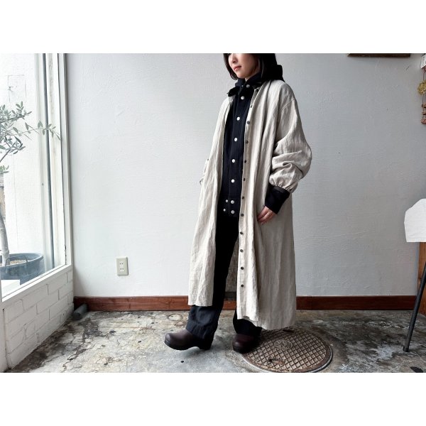 画像3: Luminaes ベルギーリネンキャンバス チビ襟バイカラーギャザーOP (3)