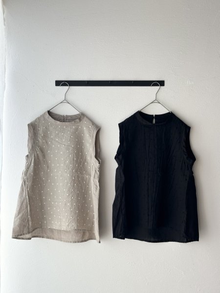 画像1: prit 60/1リネントライアングル刺繍 × 60/1リネン切替ノースリーブスタンドカラーフレアプルオーバー (1)