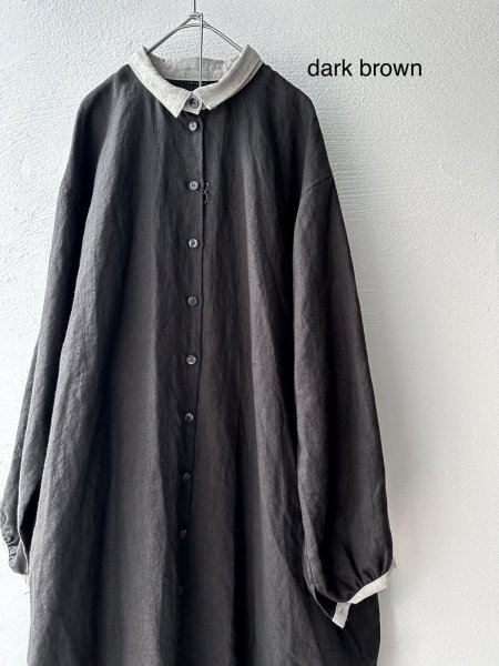 画像2: Luminaes ベルギーリネンキャンバス チビ襟バイカラーギャザーOP (2)