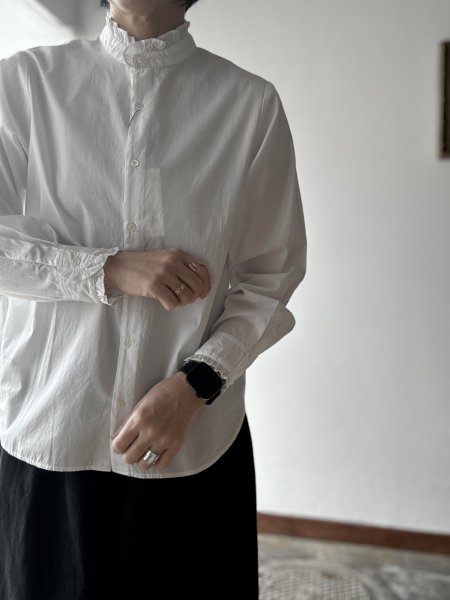 画像1: nouvelles du paradis ストライプクロス&アメリカンブロードクロス フリルブラウス【クリックポスト（185円）発送可能】 (1)