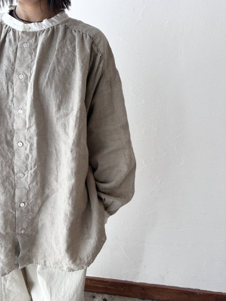 画像1: prit 60/1フレンチリネンキャンバス クレリックギャザーブラウス (1)